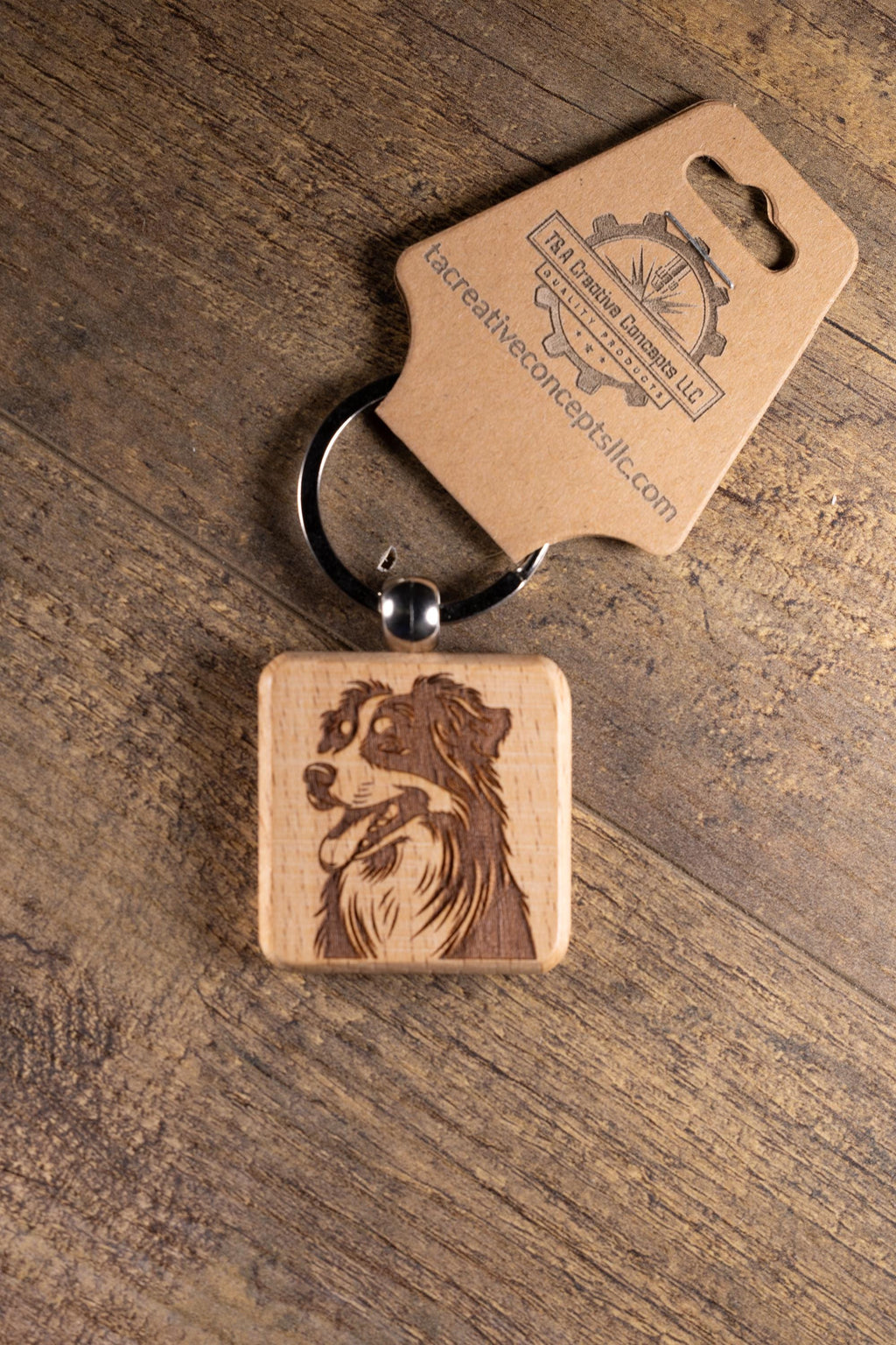 Wooden Dog Keychain - Australian Shepherd Gift | Solid Hardwood Charm, Durable Stainless Steel