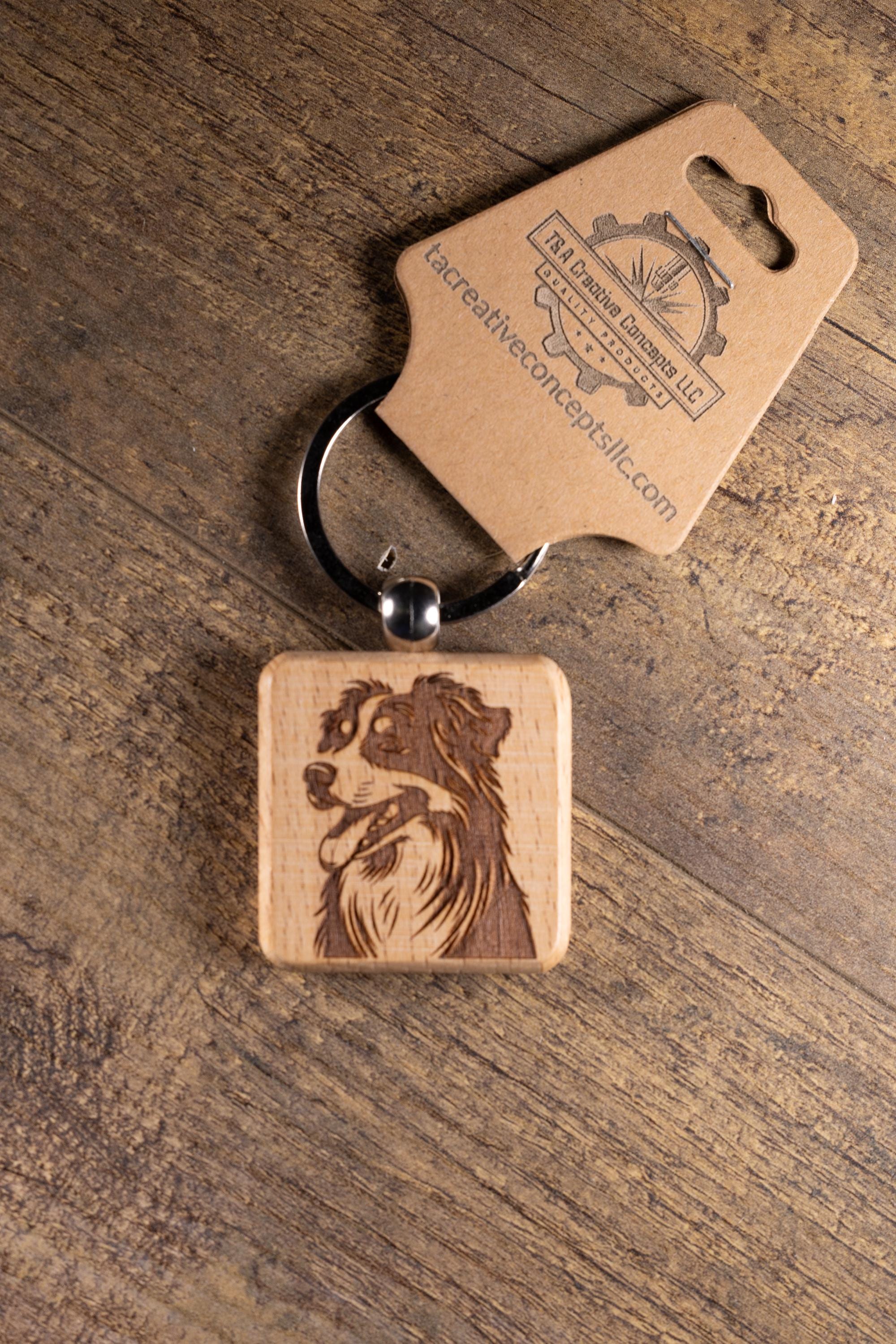 Wooden Dog Keychain - Australian Shepherd Gift | Solid Hardwood Charm, Durable Stainless Steel