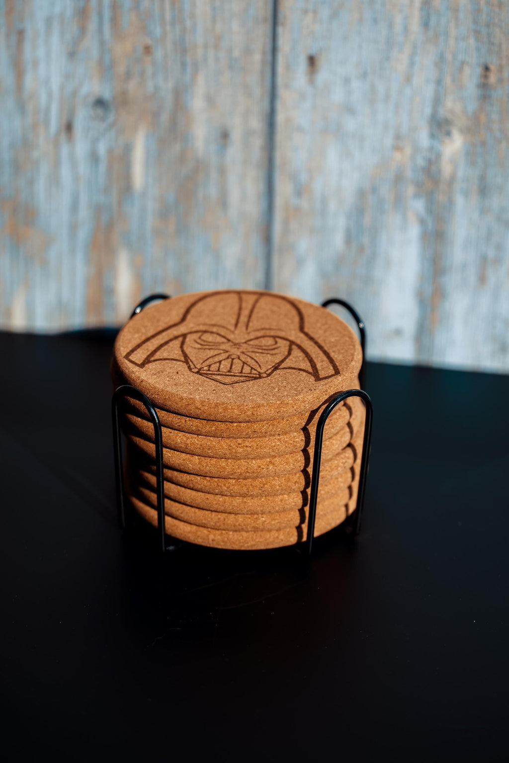 Darth Vader Coasters – Star Wars Drink Mats | Laser Engraved Cork Set with Holder