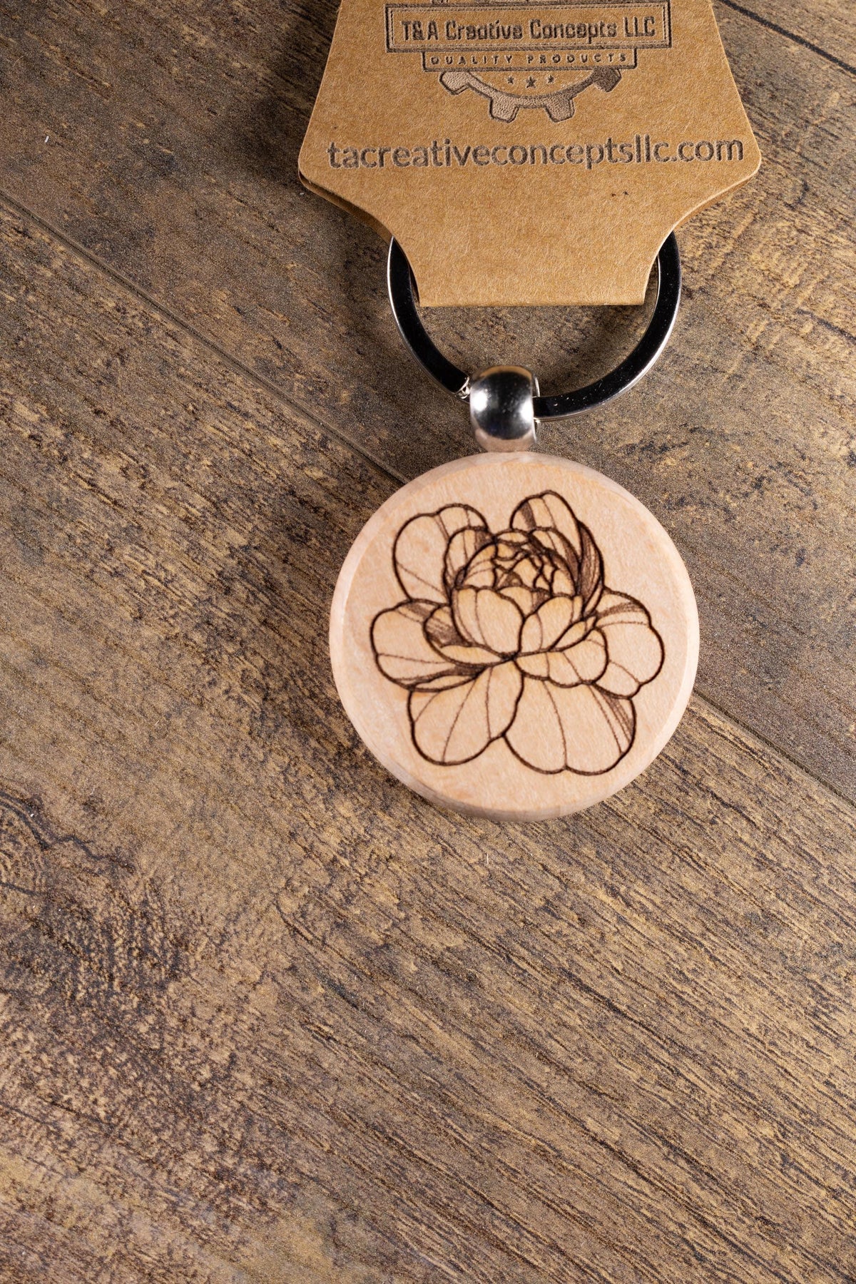 Peony Wood Keychain – Laser Engraved Floral Wood Charm with Stainless Steel Ring