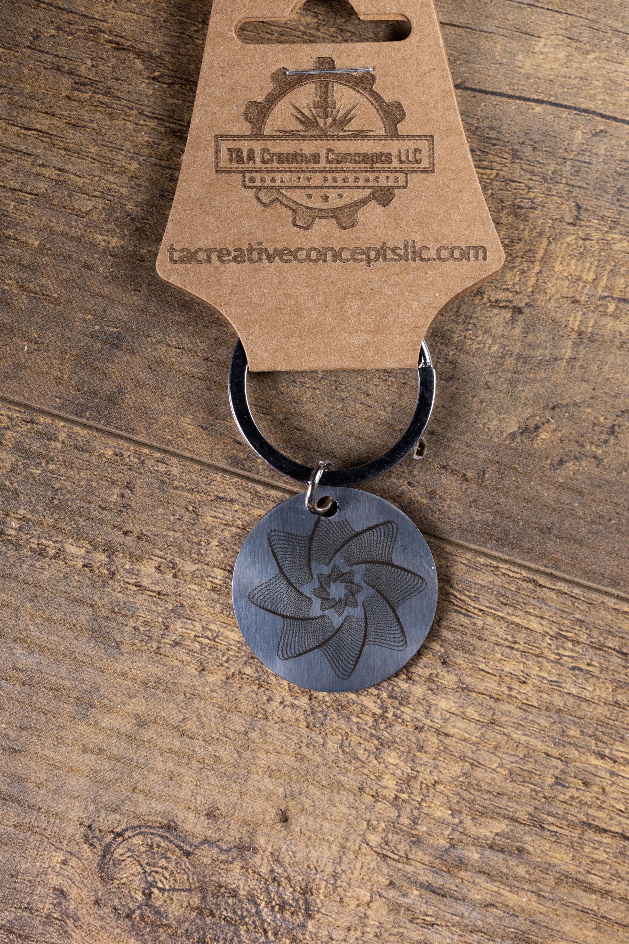 Polished Stainless Steel Keychain - Geometric Star Design with Laser Engraved Spiral Line
