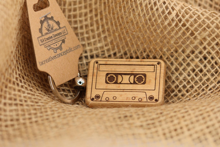 Cassette Tape Keychain – Double Sided Engraved Wood | Retro Music Gift