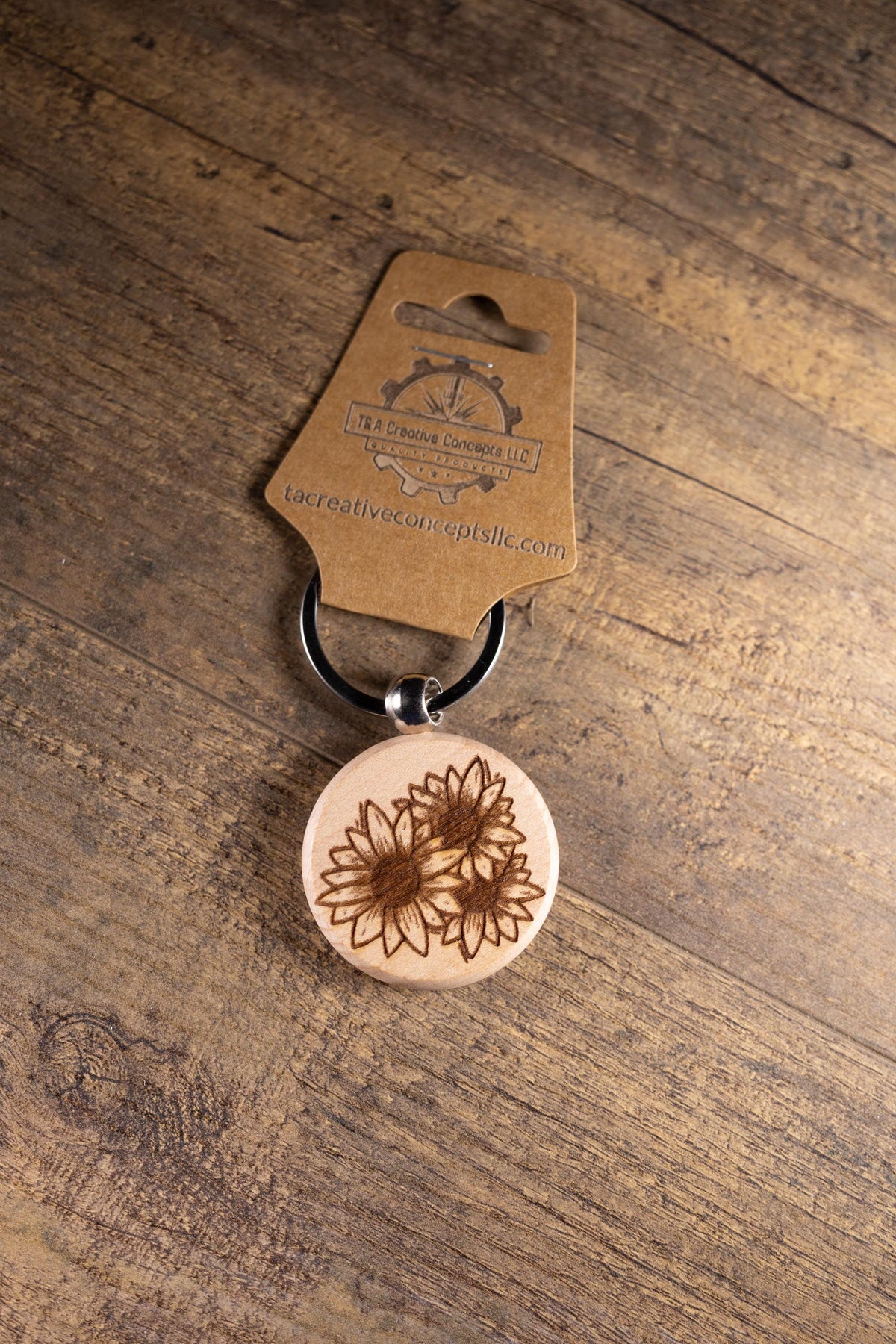 Sunflower Wood Keychain - Laser Engraved Hardwood With Stainless Steel Ring