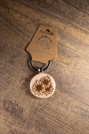 Sunflower Wood Keychain - Laser Engraved Hardwood With Stainless Steel Ring