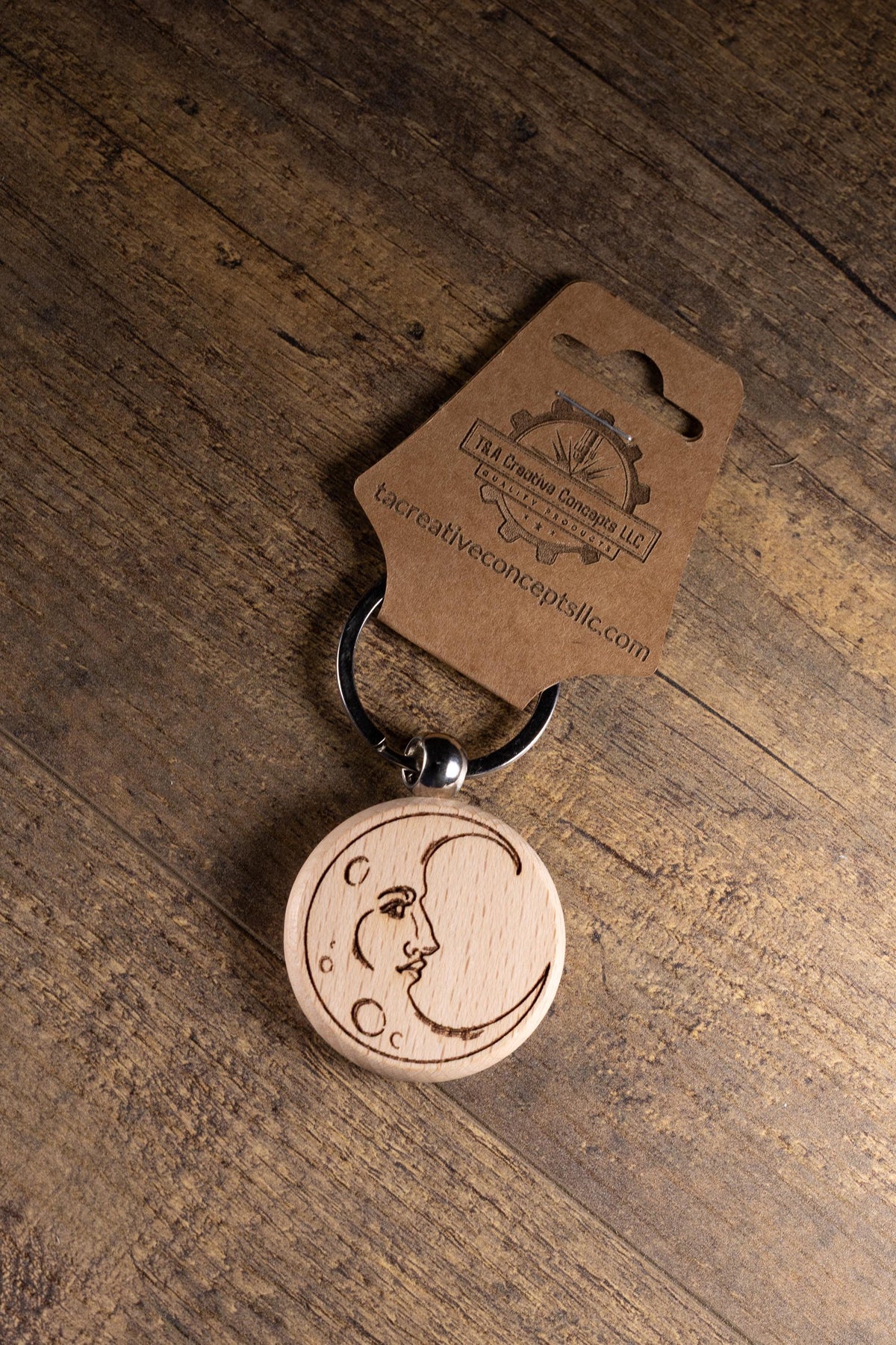 Wooden Moon Keychain – Laser Engraved Celestial Charm with Stainless Steel Hardware