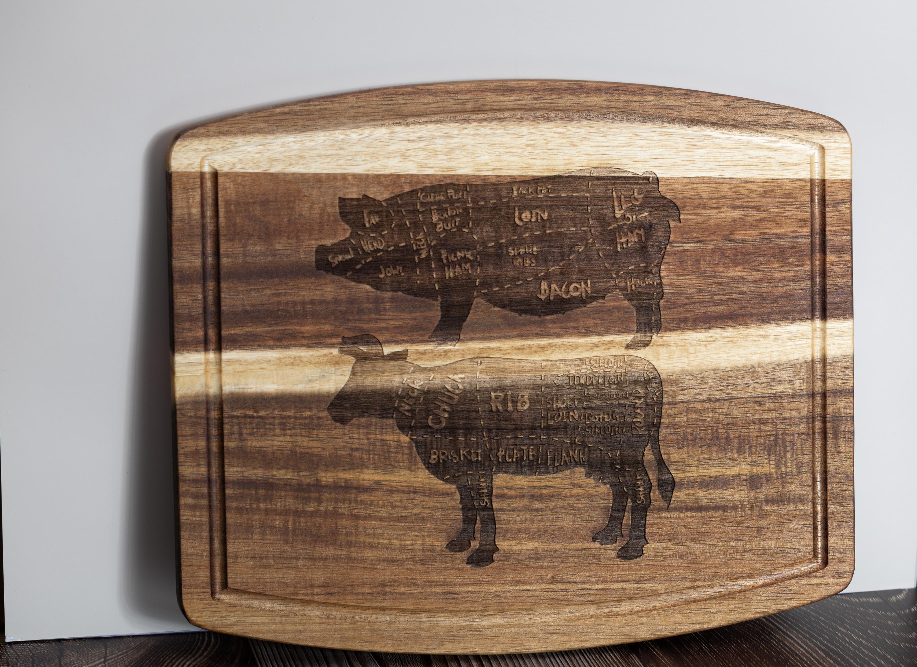 Butcher Diagram Cutting Board - Acacia Wood Pig & Cow Chart, Laser Engraved