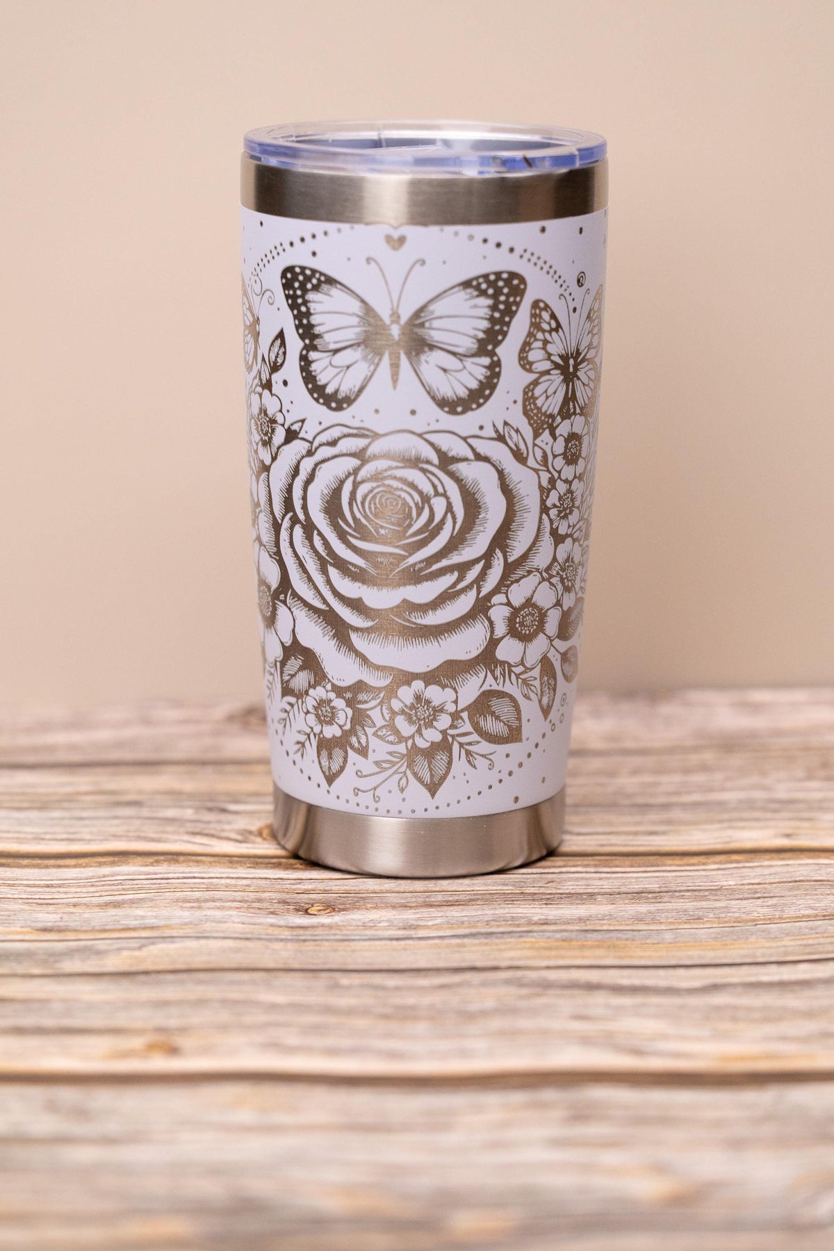 Stainless Steel Tumbler - 20oz Insulated Drinkware With Elegant Rose & Butterfly Wrap