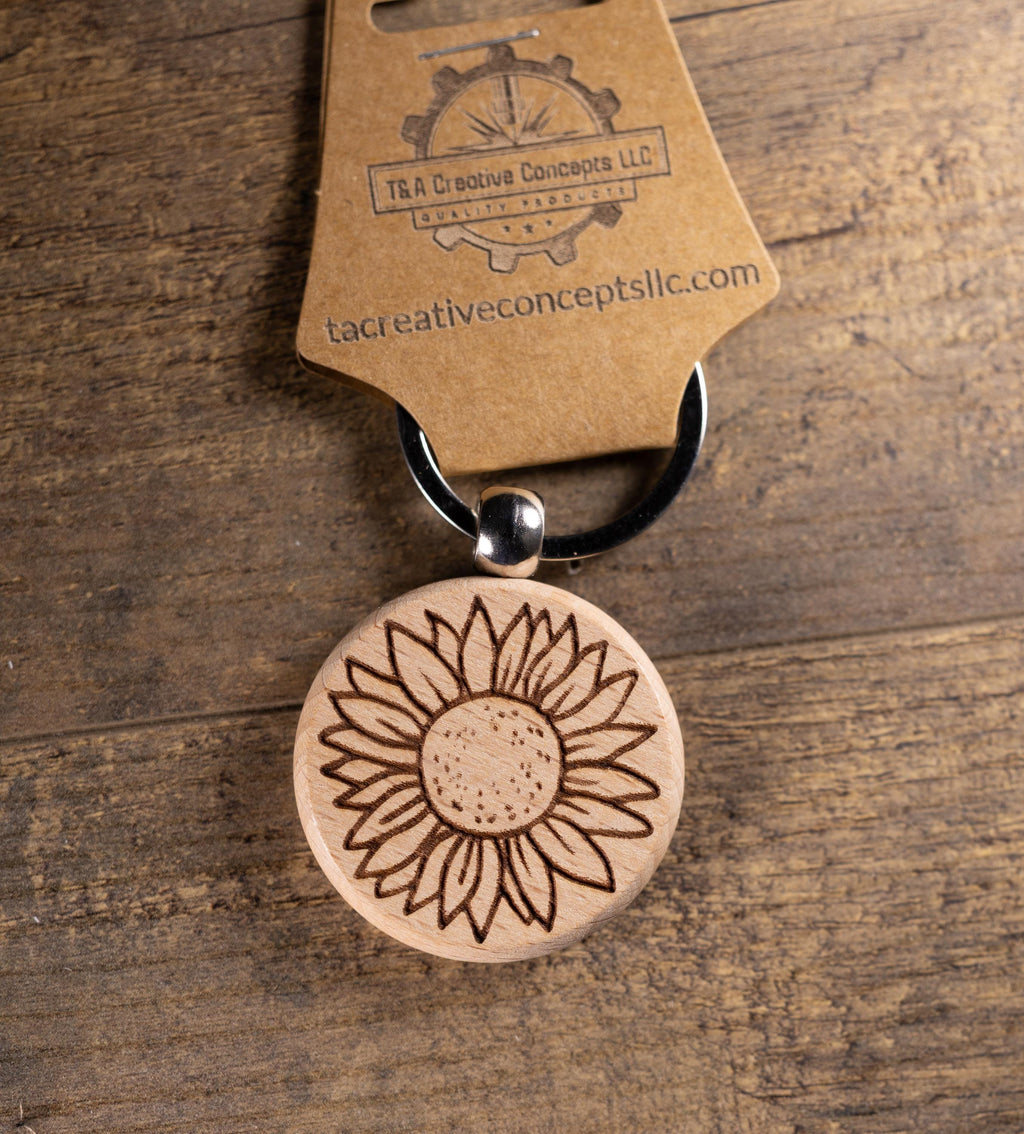 Sunflower Keychain – Laser Engraved Wood Hardwood Accessory with Stainless Steel Hardware
