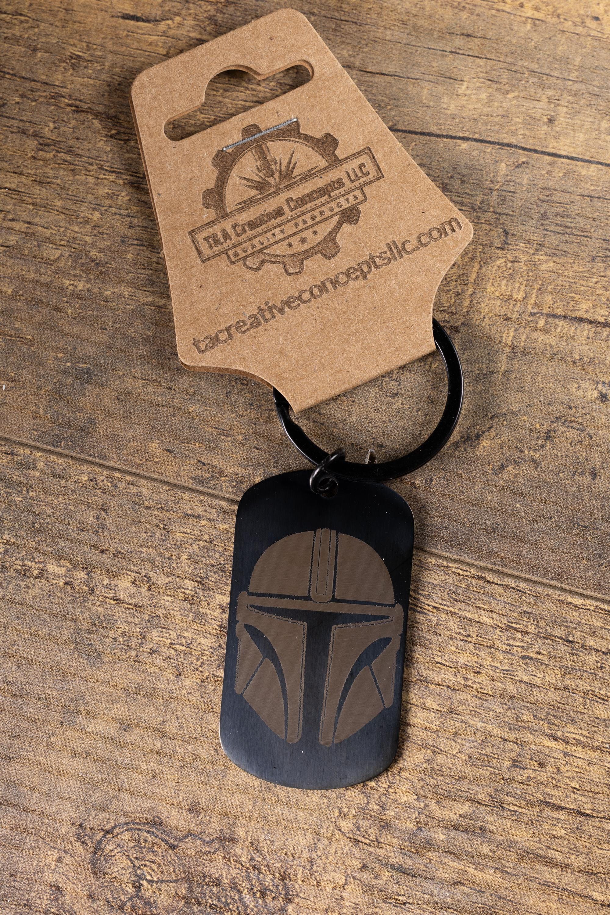 Mandalorian Keychain - Black Stainless Steel, Laser Engraved Double-Sided Design