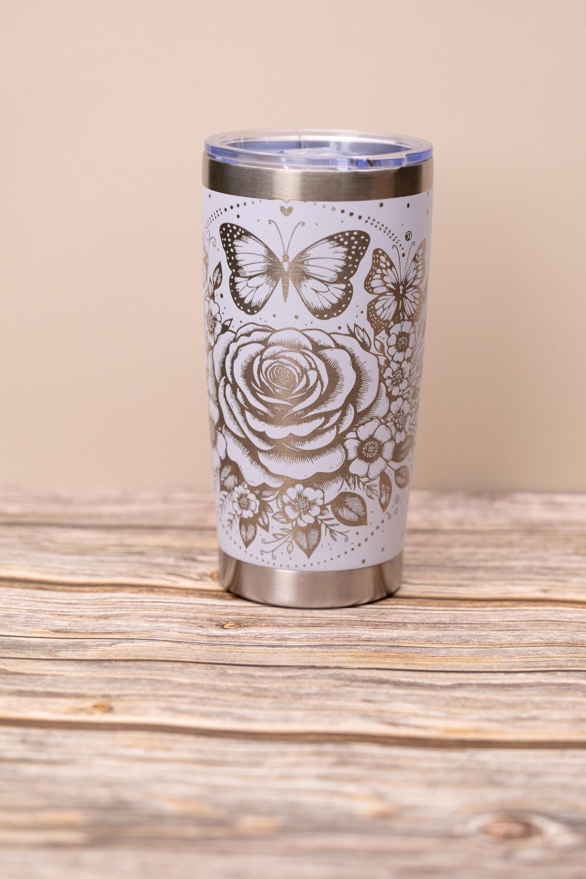 Stainless Steel Tumbler - 20oz Insulated Drinkware With Elegant Rose & Butterfly Wrap