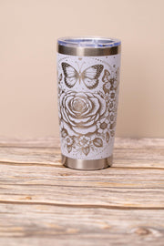 Stainless Steel Tumbler - 20oz Insulated Drinkware With Elegant Rose & Butterfly Wrap