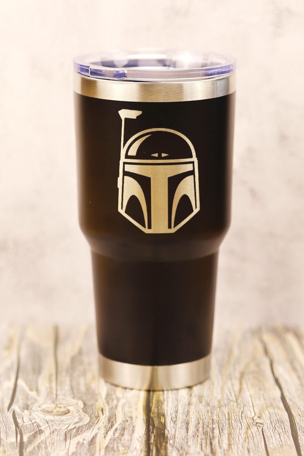 Boba Fett Tumbler – 30oz Stainless Steel Cup | Laser Engraved Helmet, Clear Lid
