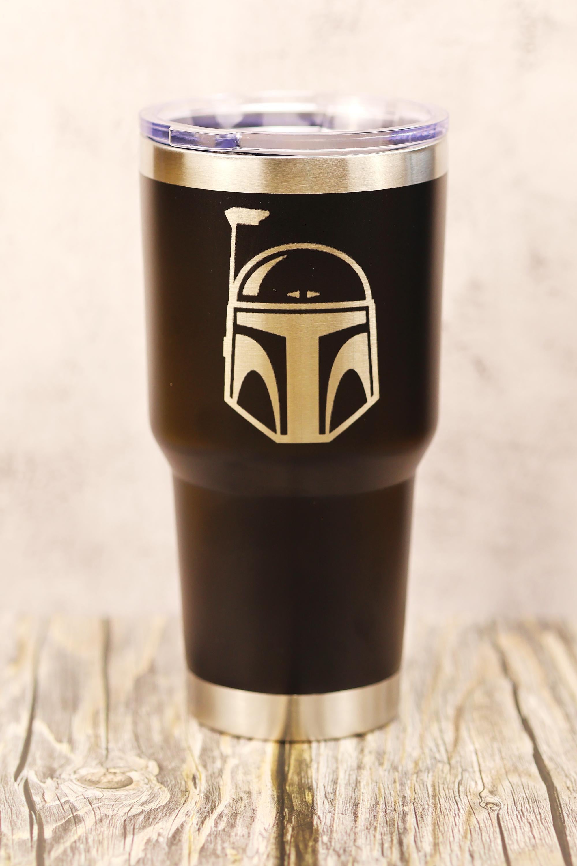 Boba Fett Tumbler – 30oz Stainless Steel Cup | Laser Engraved Helmet, Clear Lid