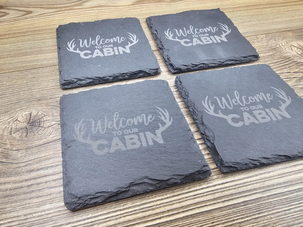 Rustic Slate Coasters – Laser Engraved Cabin Drink Pads | Set of 4 Durable Slate