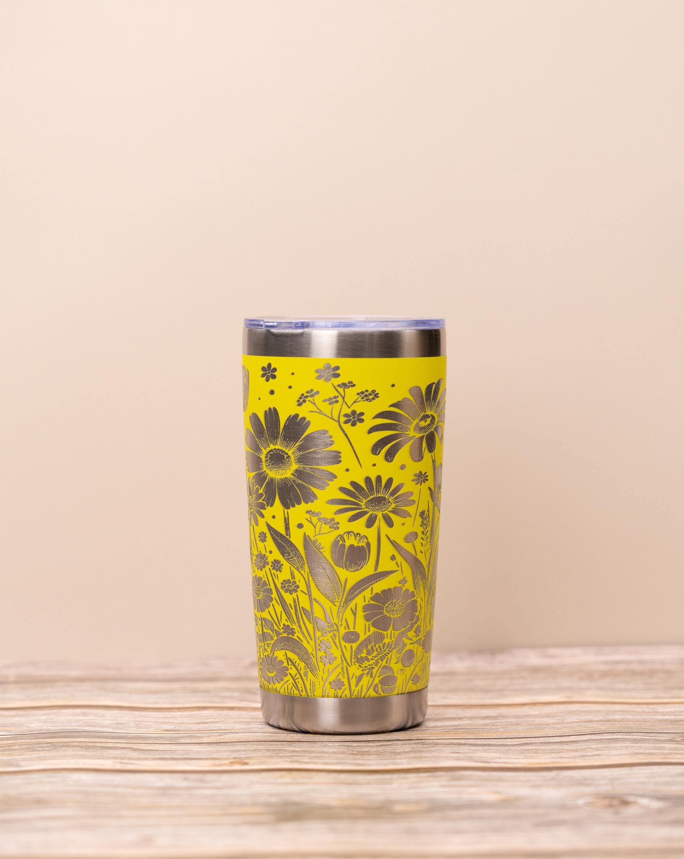 Stainless Steel Tumbler - Floral Wrap Tumbler with Daisy Tulip Design, 20oz Insulated Drinkware
