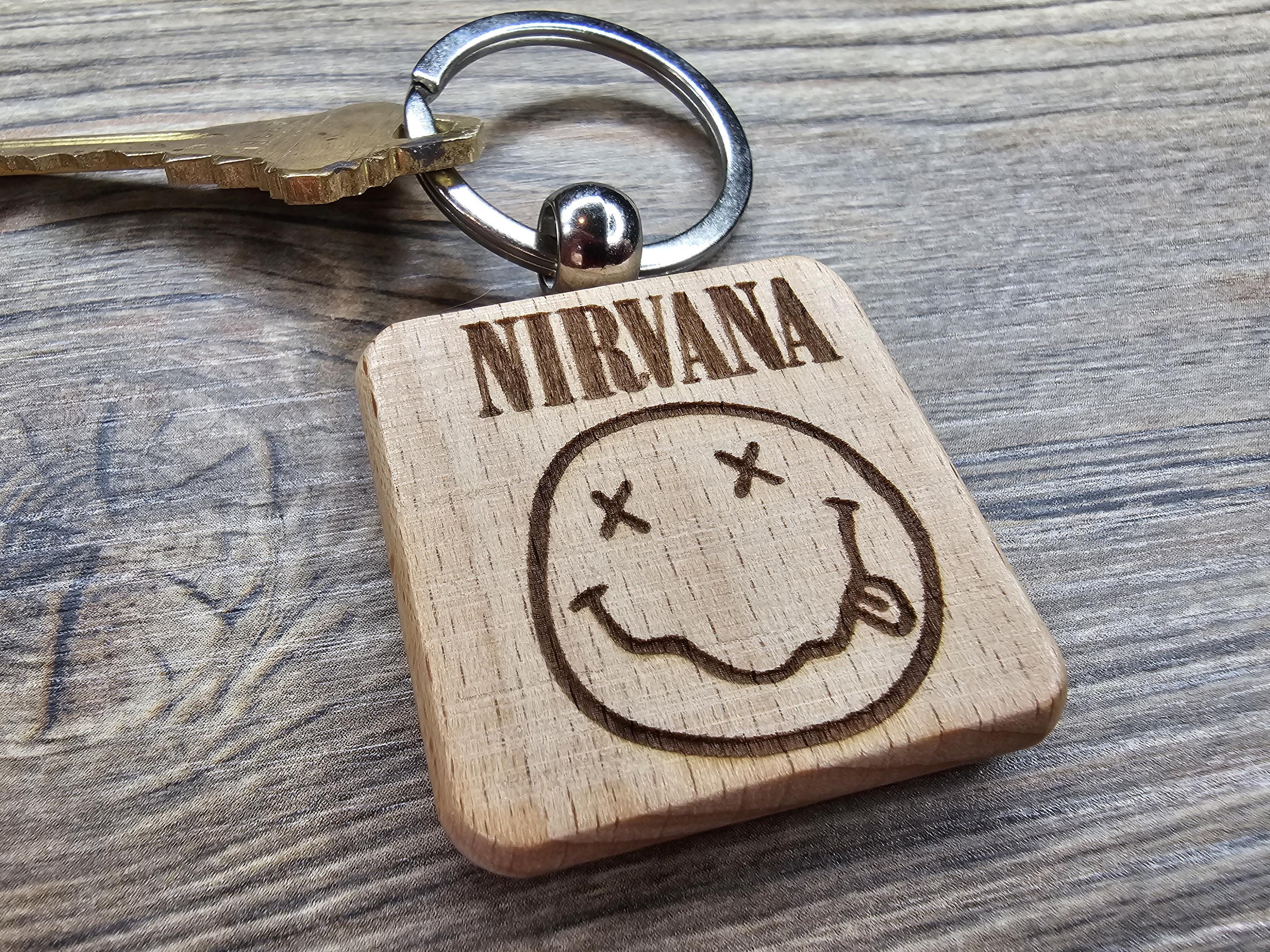 Nirvana Keychain – Hardwood Double Sided Engraved Smiley Face with Stainless Steel Ring