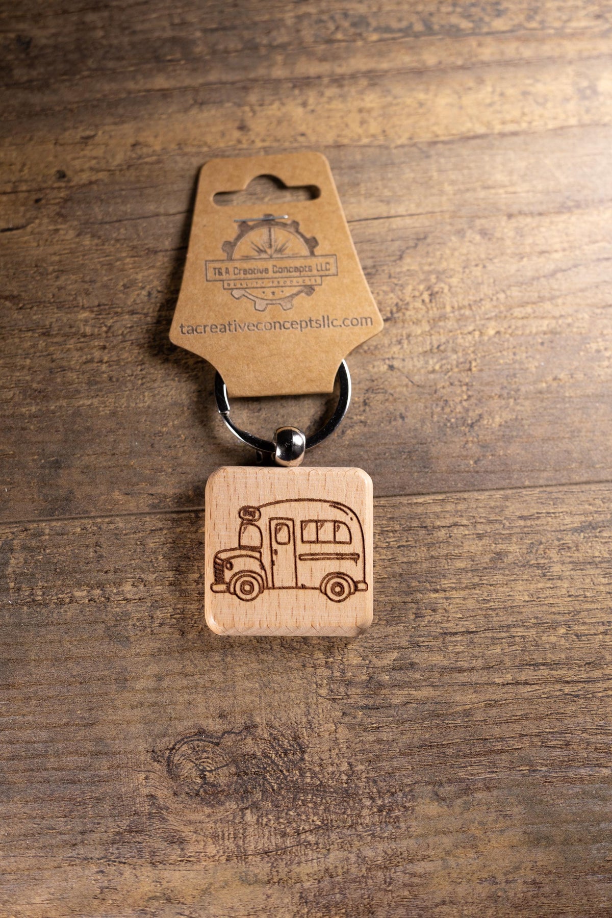 School Bus Keychain - Handmade Solid Wood Charm With Stainless Steel Ring