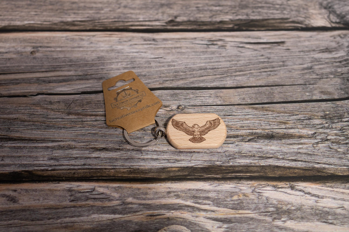 Eagle Keychain Wood - Laser Engraved Rustic Hardwood Charm with Stainless Steel Hardware
