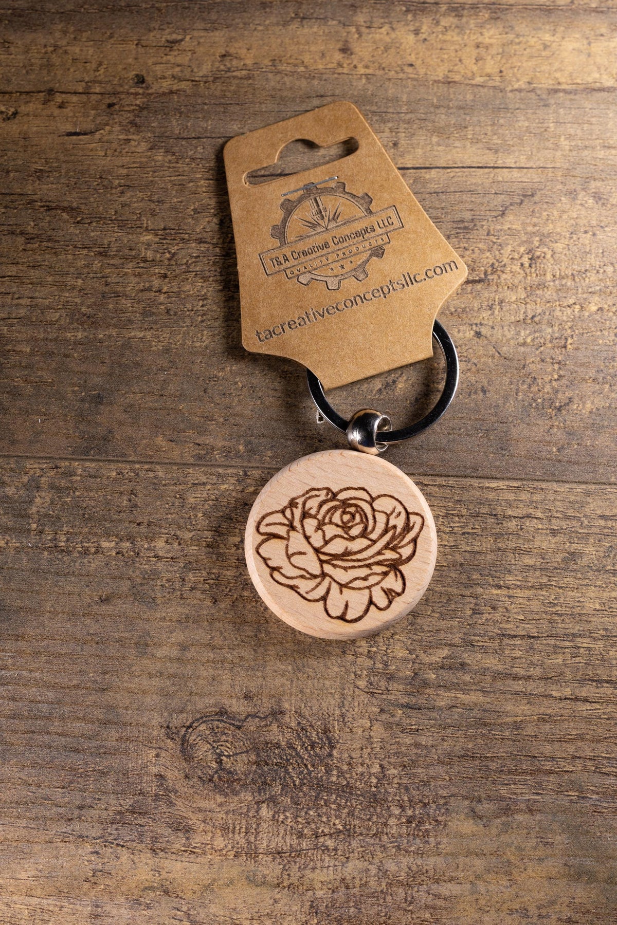 Peony Wood Keychain – Laser Engraved Floral Design | Hardwood & Stainless Steel Ring