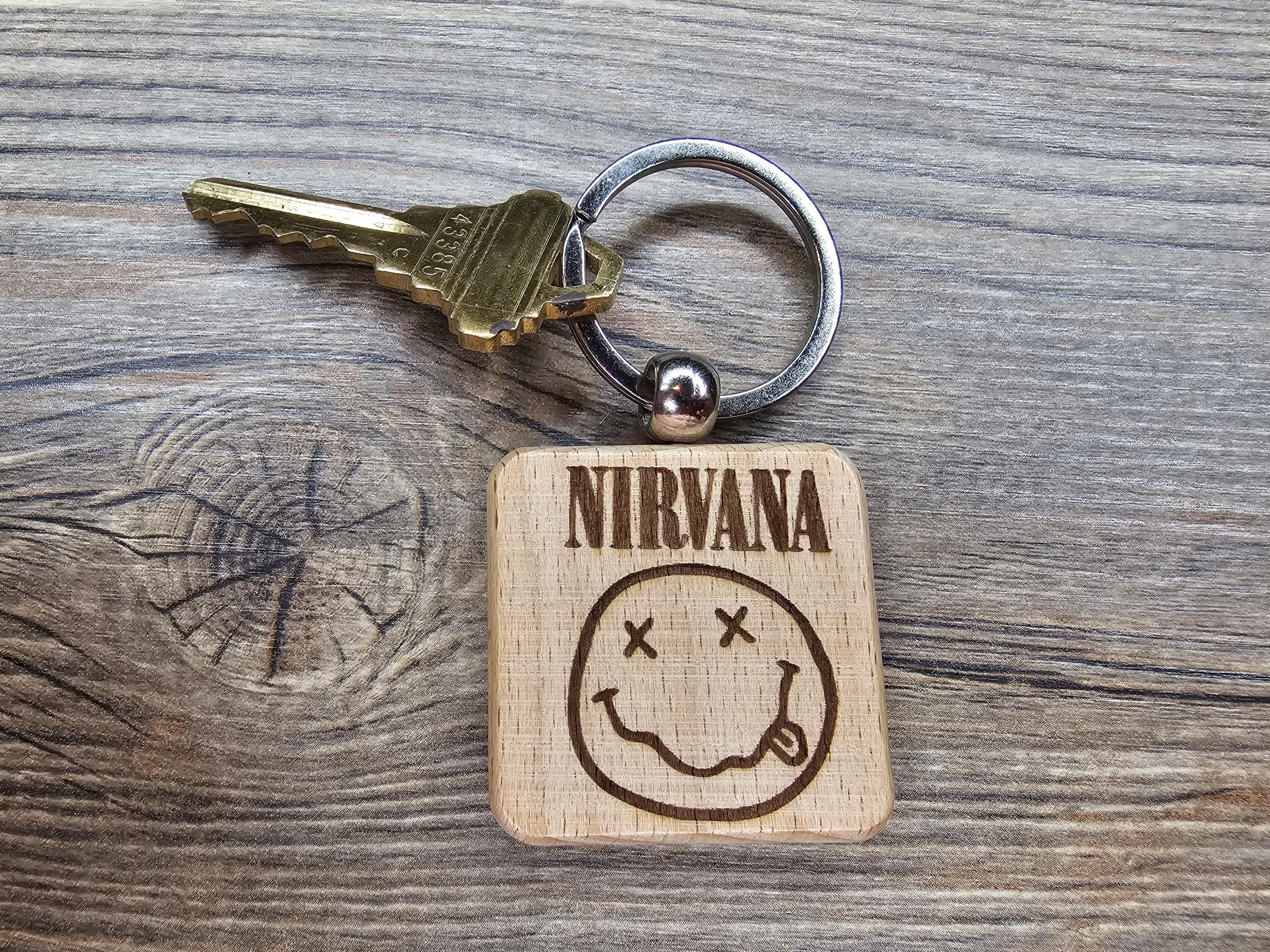 Nirvana Keychain – Hardwood Double Sided Engraved Smiley Face with Stainless Steel Ring