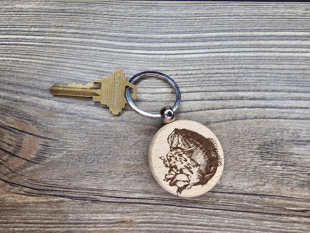 Largemouth Bass Keychain – Double Sided Engraved Hardwood With Rust Resistant Ring