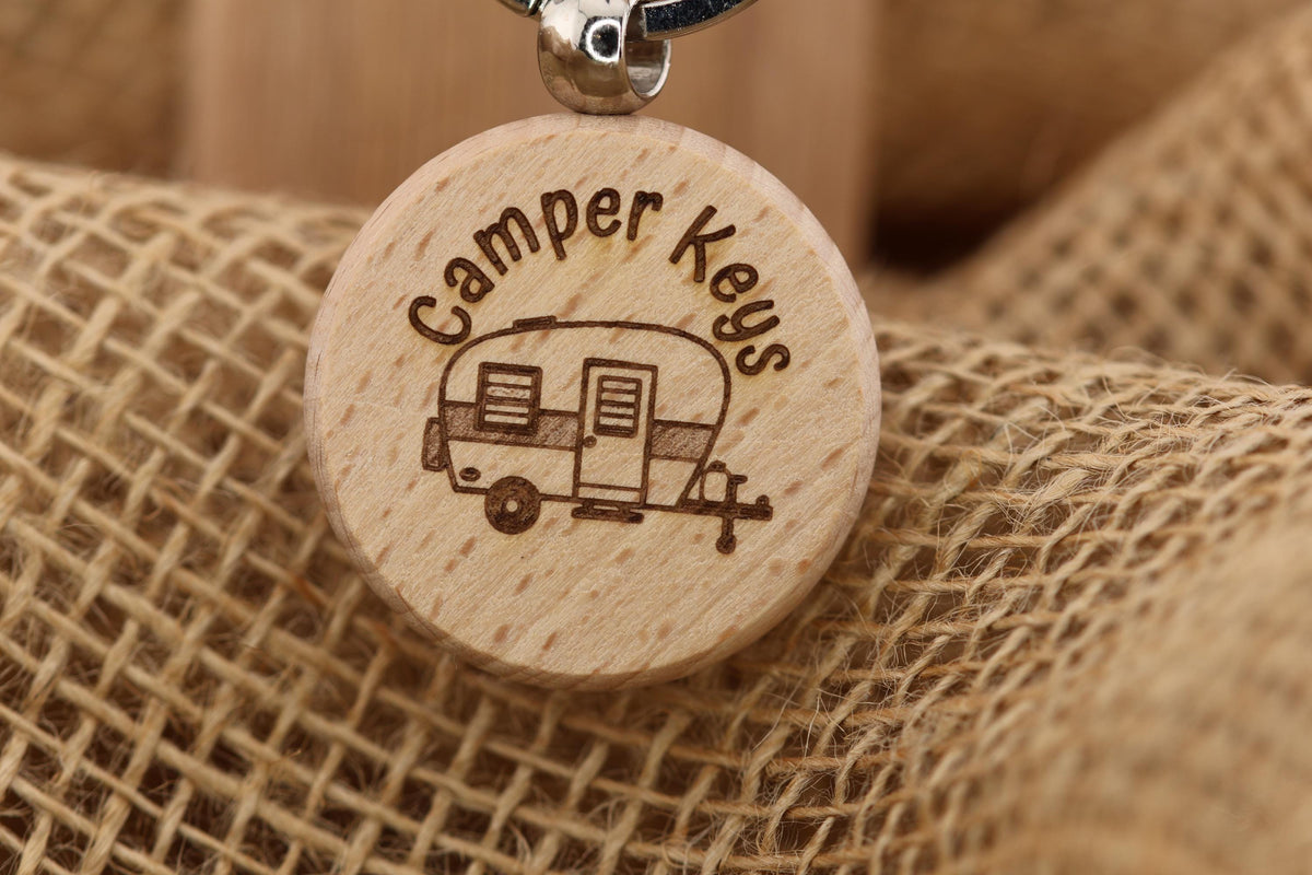 Wood Camper Keychain – Laser Engraved Double Sided Hardwood Keychain with Rust Resistant Ring