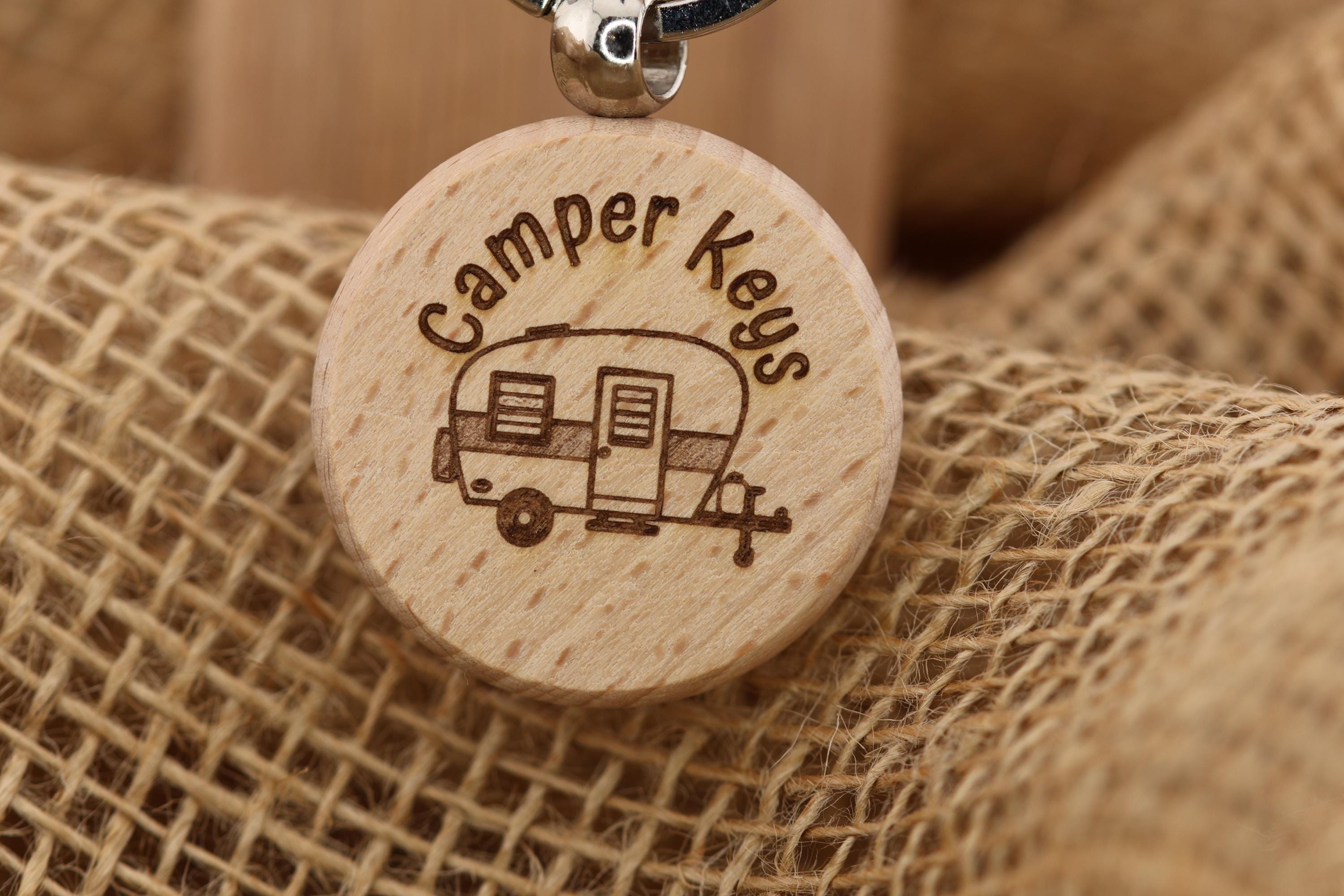 Wood Camper Keychain – Laser Engraved Double Sided Hardwood Keychain with Rust Resistant Ring