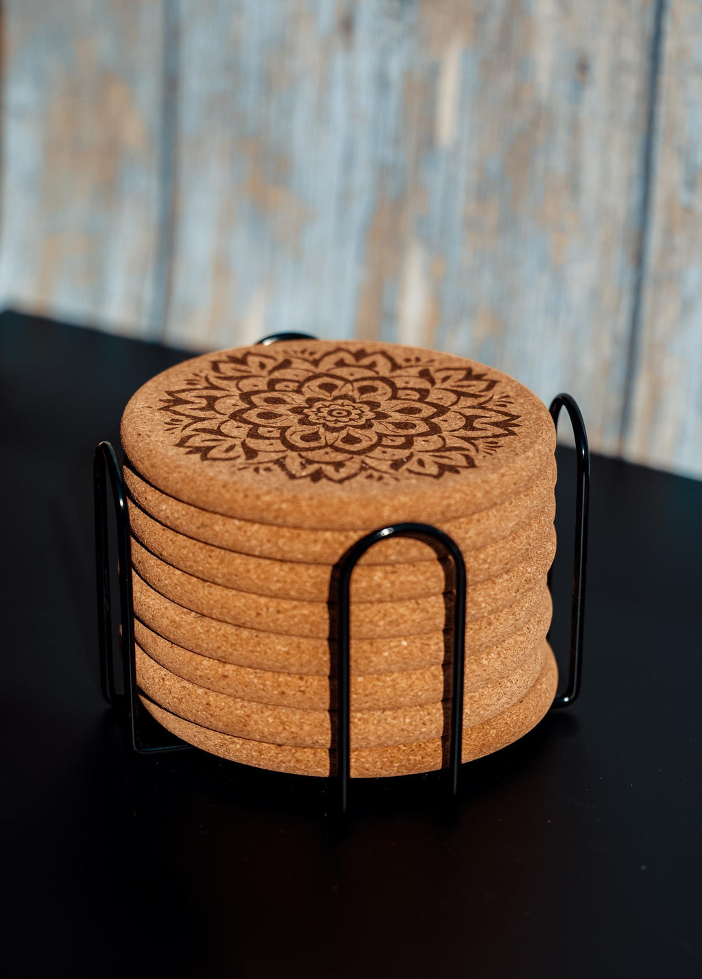 Mandala Cork Coasters Set - Laser Engraved Coaster Set With Holder | Boho Decor
