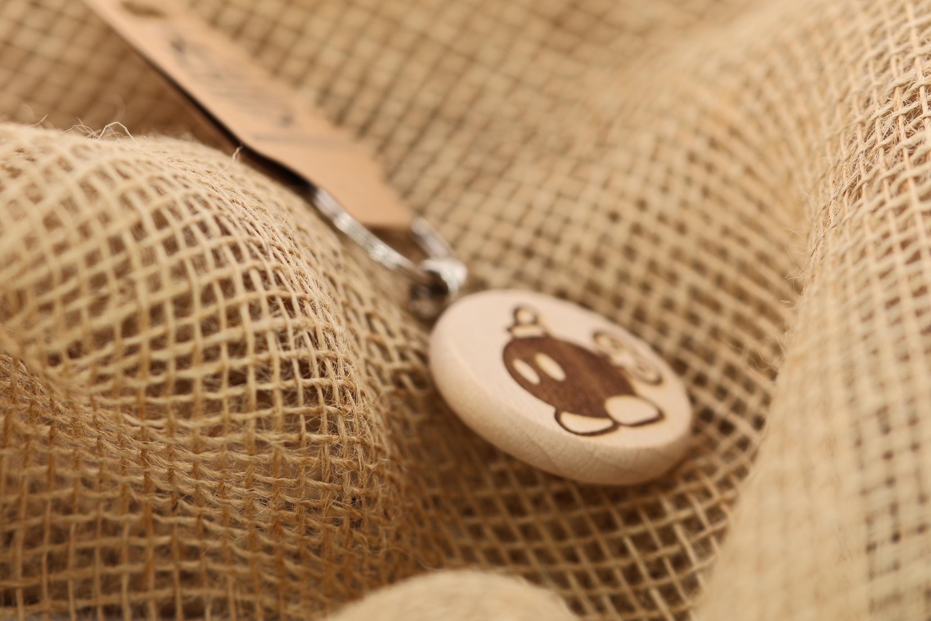 Mario Bob-Omb Keychain – Double-Sided Laser Engraved Hardwood Gift with Stainless Steel Ring