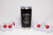 A black insulated tumbler with a silver lid, featuring the text "SCIENCE DOESN'T CARE WHAT YOU BELIEVE" on its side, is surrounded by ice cubes and cherry tomatoes.