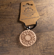 Sunflower Keychain – Laser Engraved Wood Hardwood Accessory with Stainless Steel Hardware