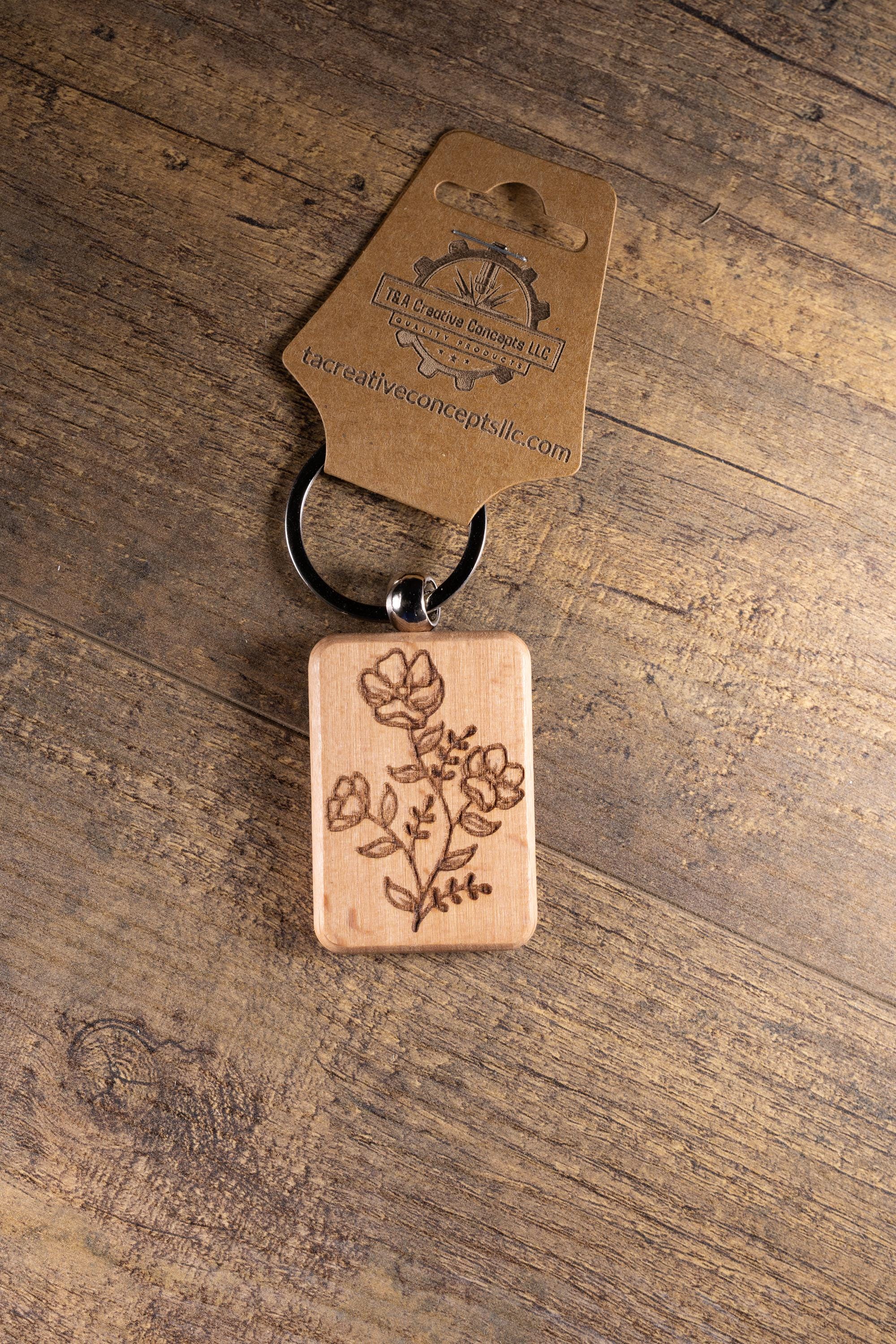 Wood Floral Keychain – Laser Engraved Charm with Solid Hardwood & Stainless Steel Hardware