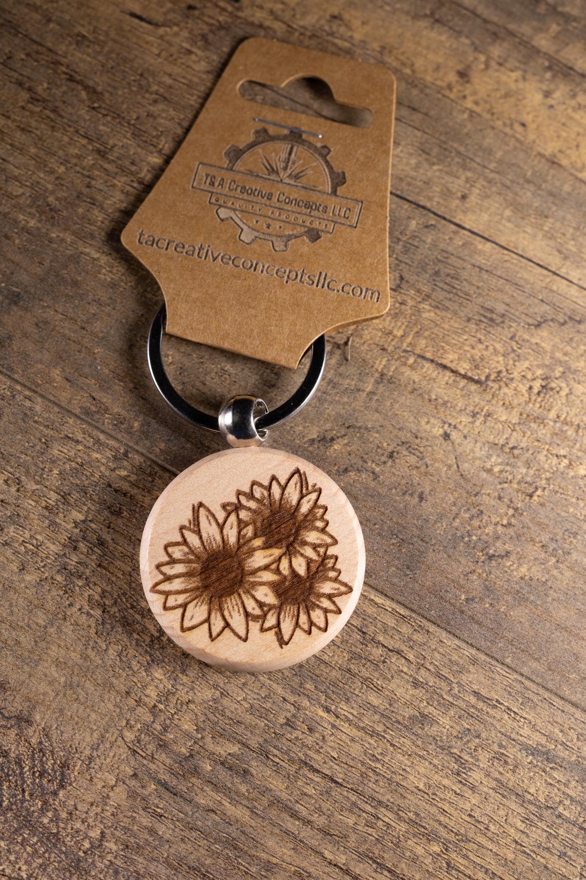 Sunflower Wood Keychain - Laser Engraved Hardwood With Stainless Steel Ring