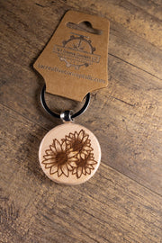 Sunflower Wood Keychain - Laser Engraved Hardwood With Stainless Steel Ring