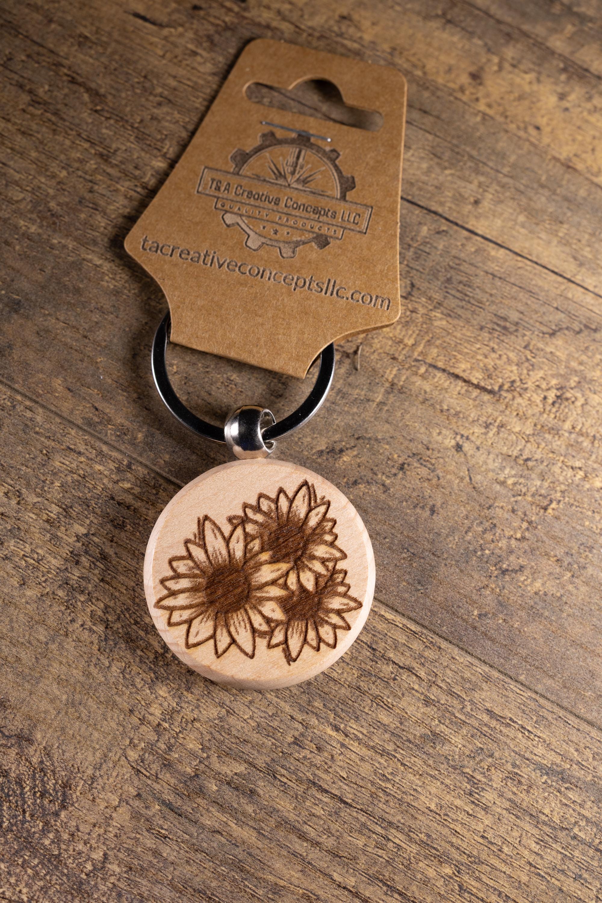 Sunflower Wood Keychain - Laser Engraved Hardwood With Stainless Steel Ring