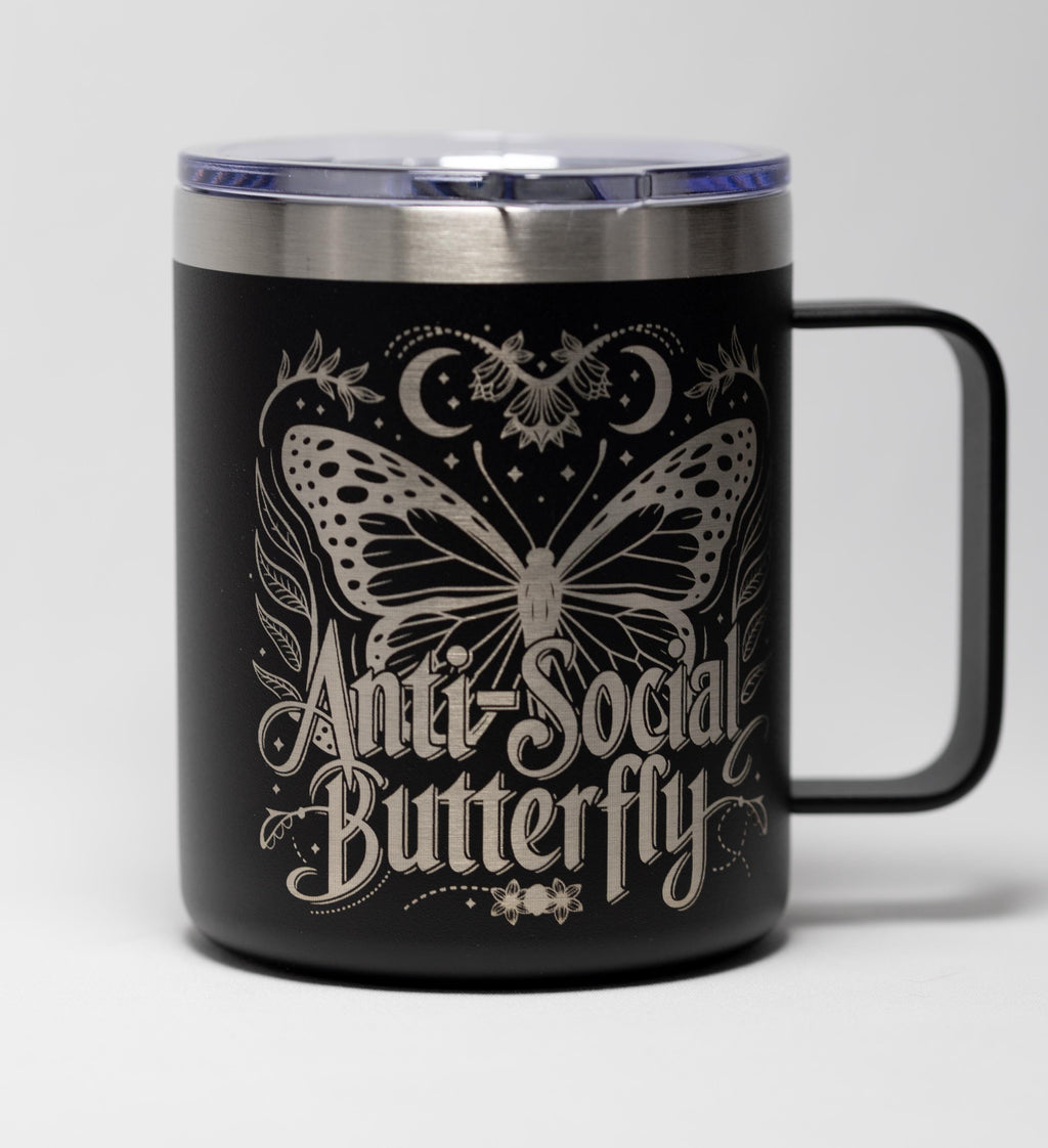 Laser Engraved Mug | Antisocial Butterfly Stainless Steel Cup - Durable Travel Mug
