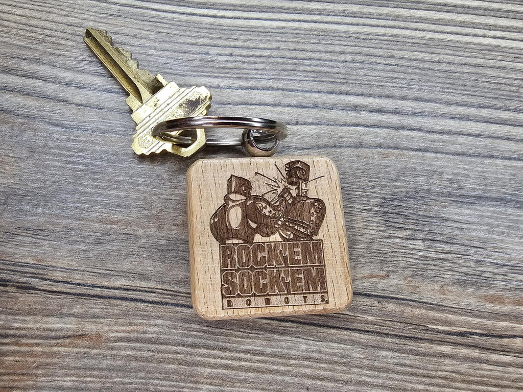 Retro Gaming Keychain - Double Sided Engraved Hardwood Robot Charm With Steel Keyring