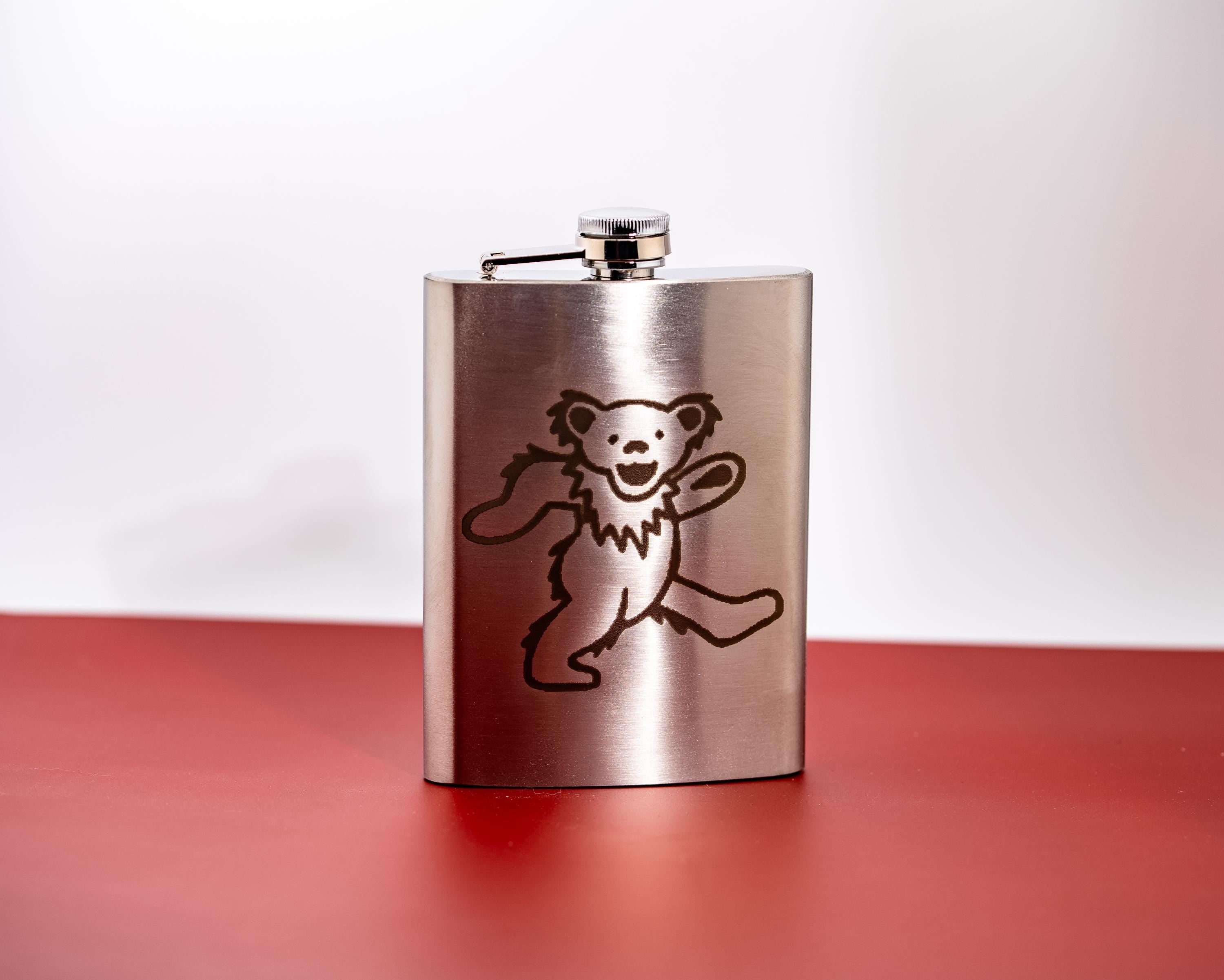 Engraved Grateful Dead Flask – 8oz Stainless Steel Dancing Bear Design, Leak-Proof