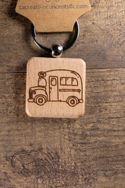 School Bus Keychain - Handmade Solid Wood Charm With Stainless Steel Ring