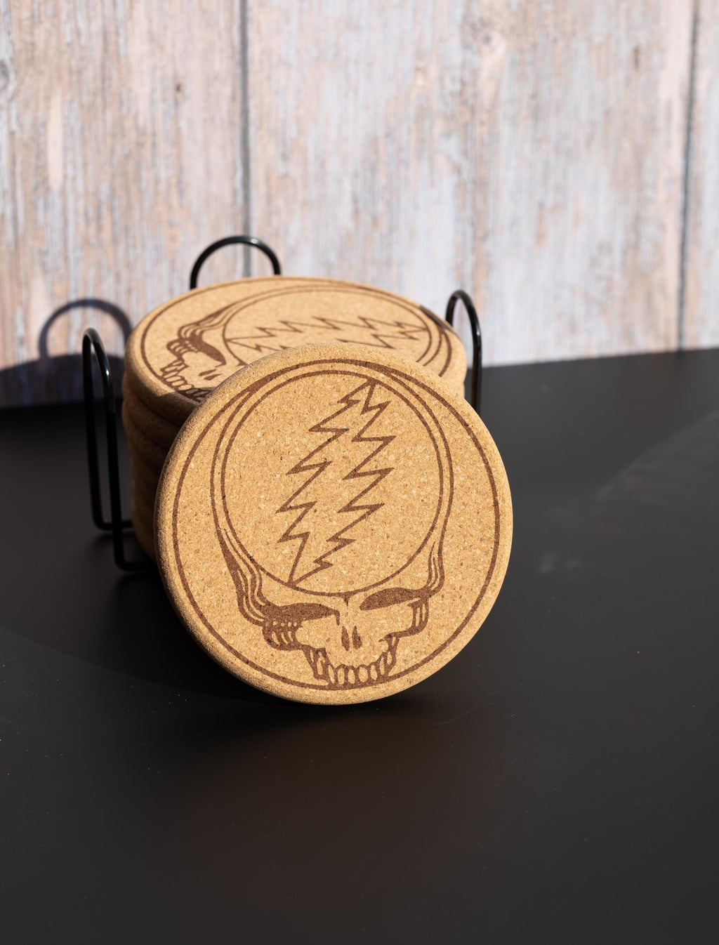 Grateful Dead Coasters – Natural Cork Set with Steal Your Face Design & Holder