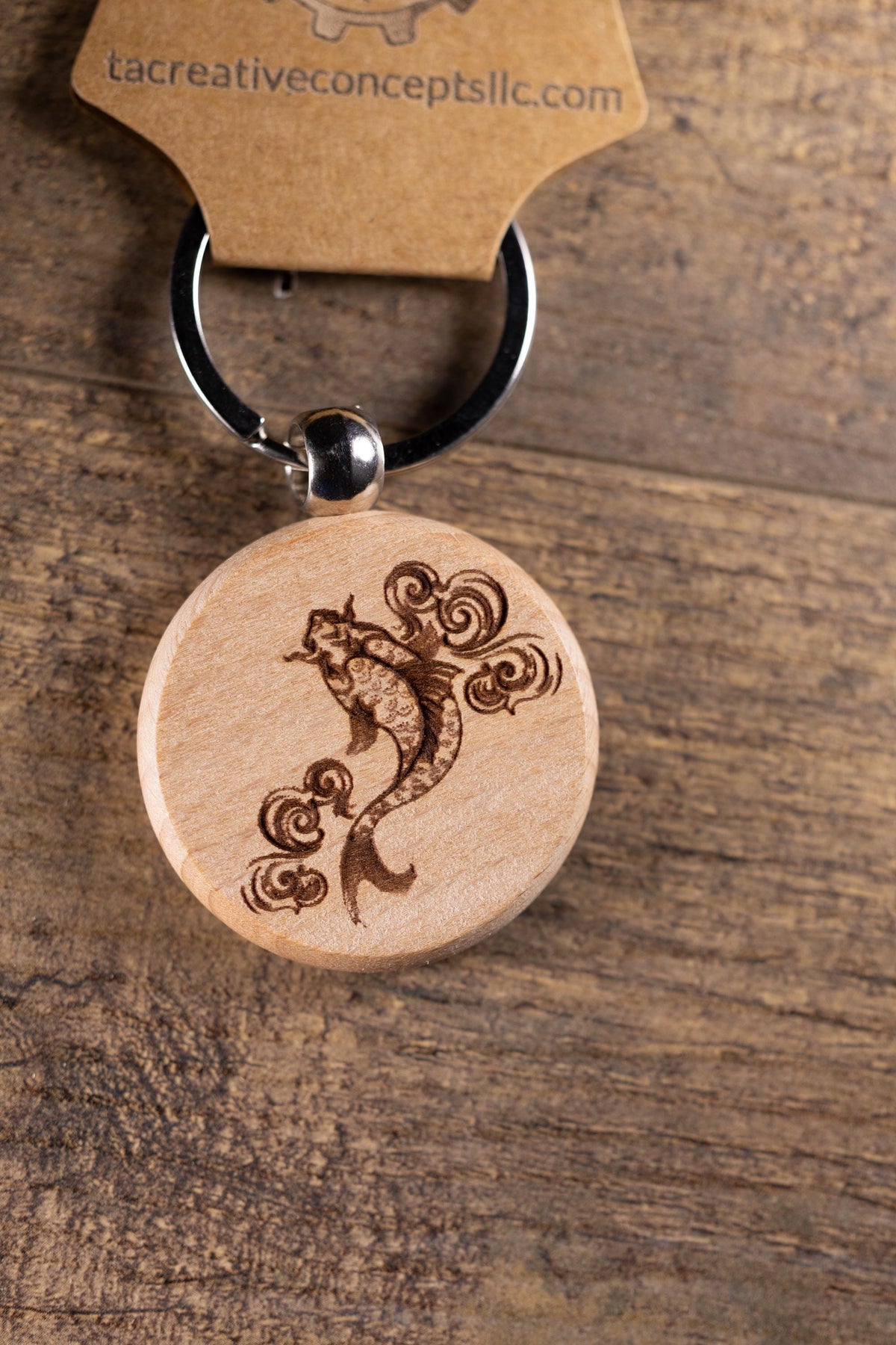 Koi Fish Keychain - Laser Engraved Hardwood Bag Charm With Stainless Steel Hardware