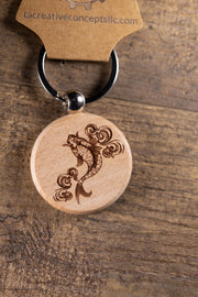 Koi Fish Keychain - Laser Engraved Hardwood Bag Charm With Stainless Steel Hardware