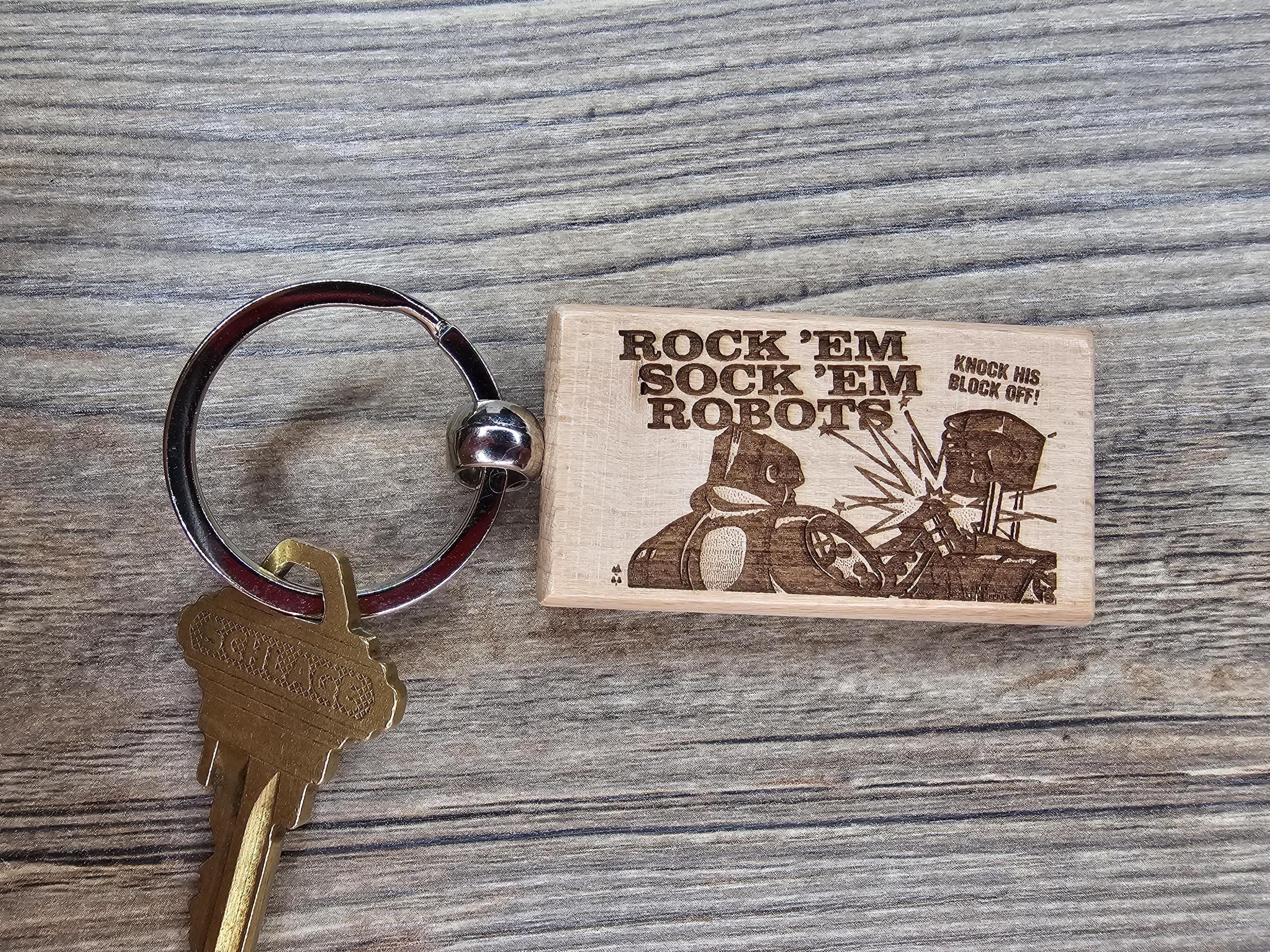 Rock’em Sock’em Robots Keychain – Hardwood Retro Toy With Double-Sided Engraving
