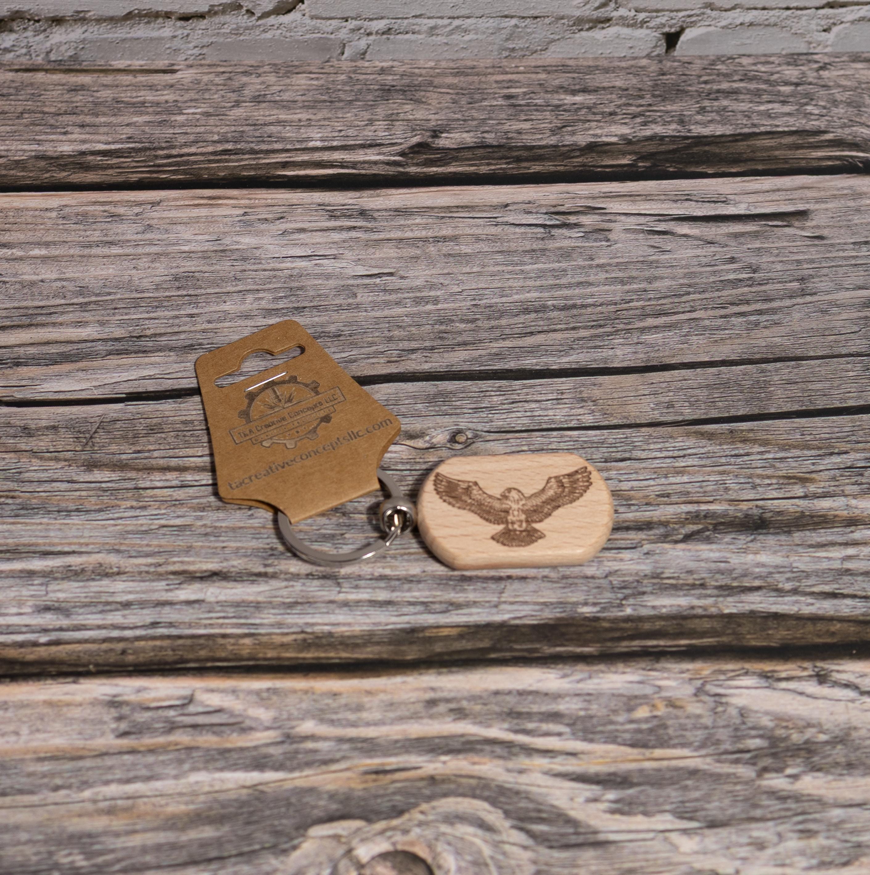 Eagle Keychain Wood - Laser Engraved Rustic Hardwood Charm with Stainless Steel Hardware