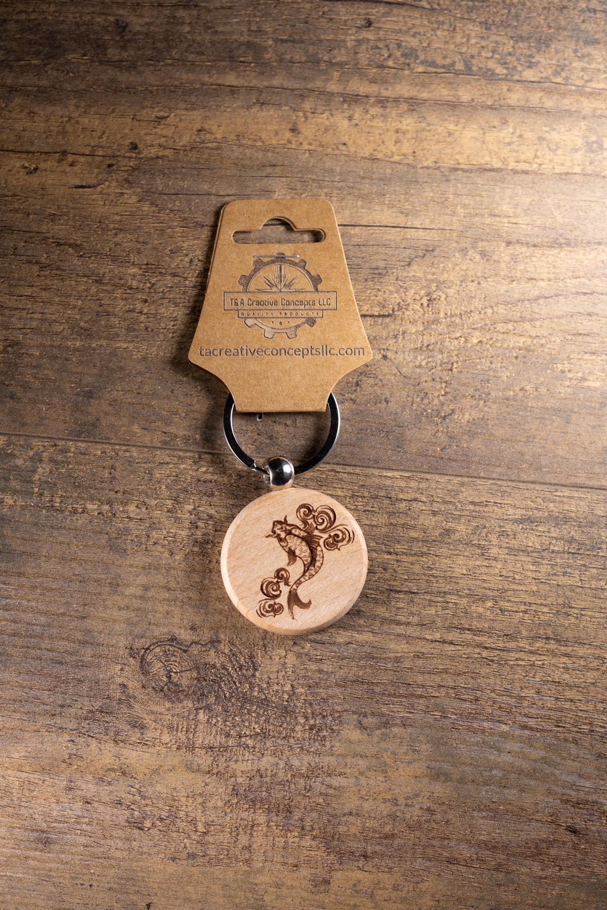 Koi Fish Keychain - Laser Engraved Hardwood Bag Charm With Stainless Steel Hardware