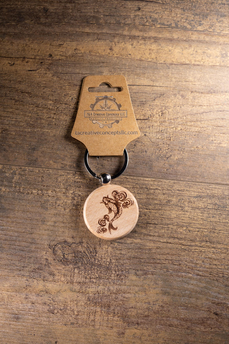 Koi Fish Keychain - Laser Engraved Hardwood Bag Charm With Stainless Steel Hardware