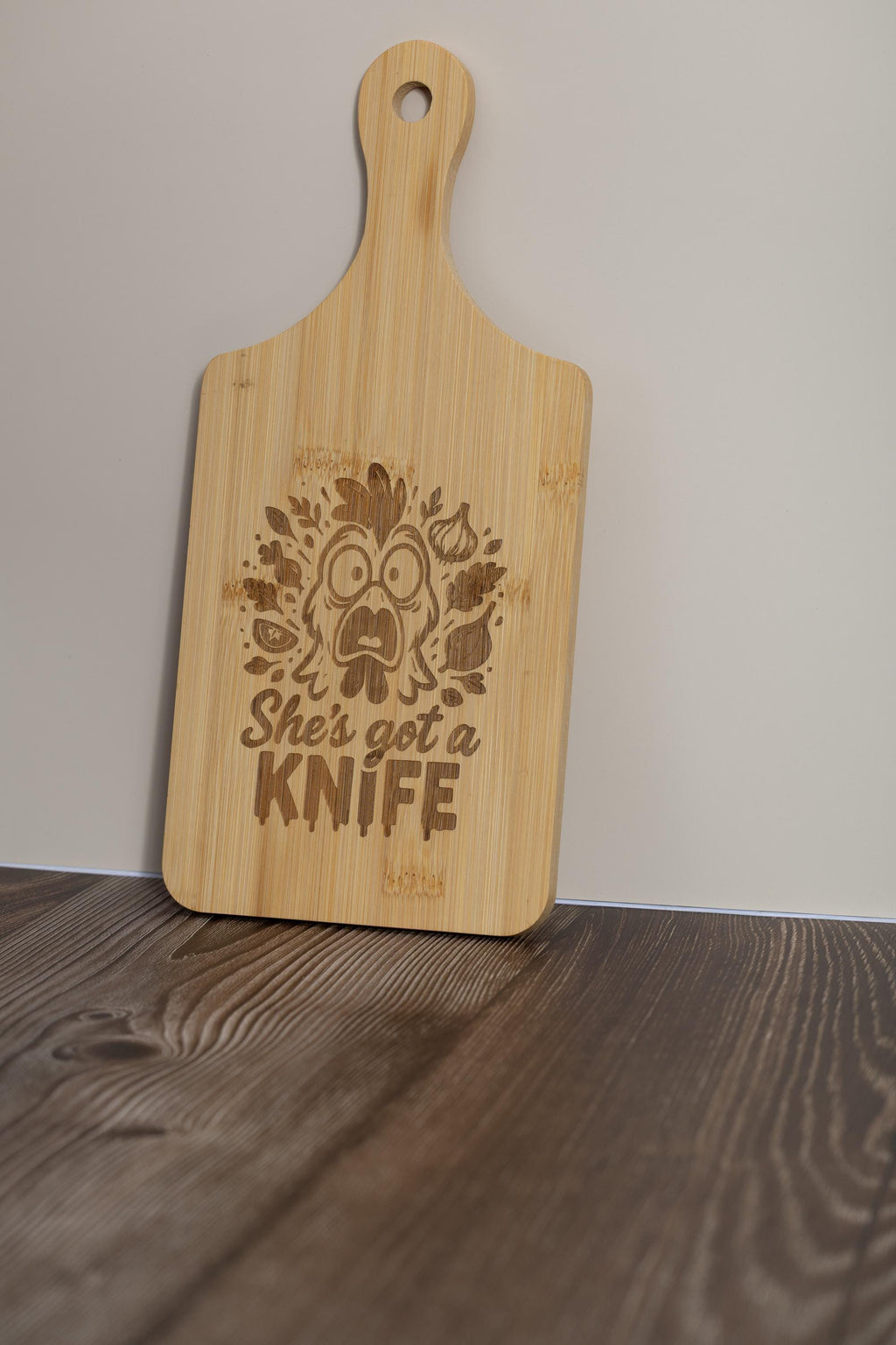 Bamboo Cutting Board – Funny 'She’s Got a Knife' Engraved, Eco Friendly Board 5x11