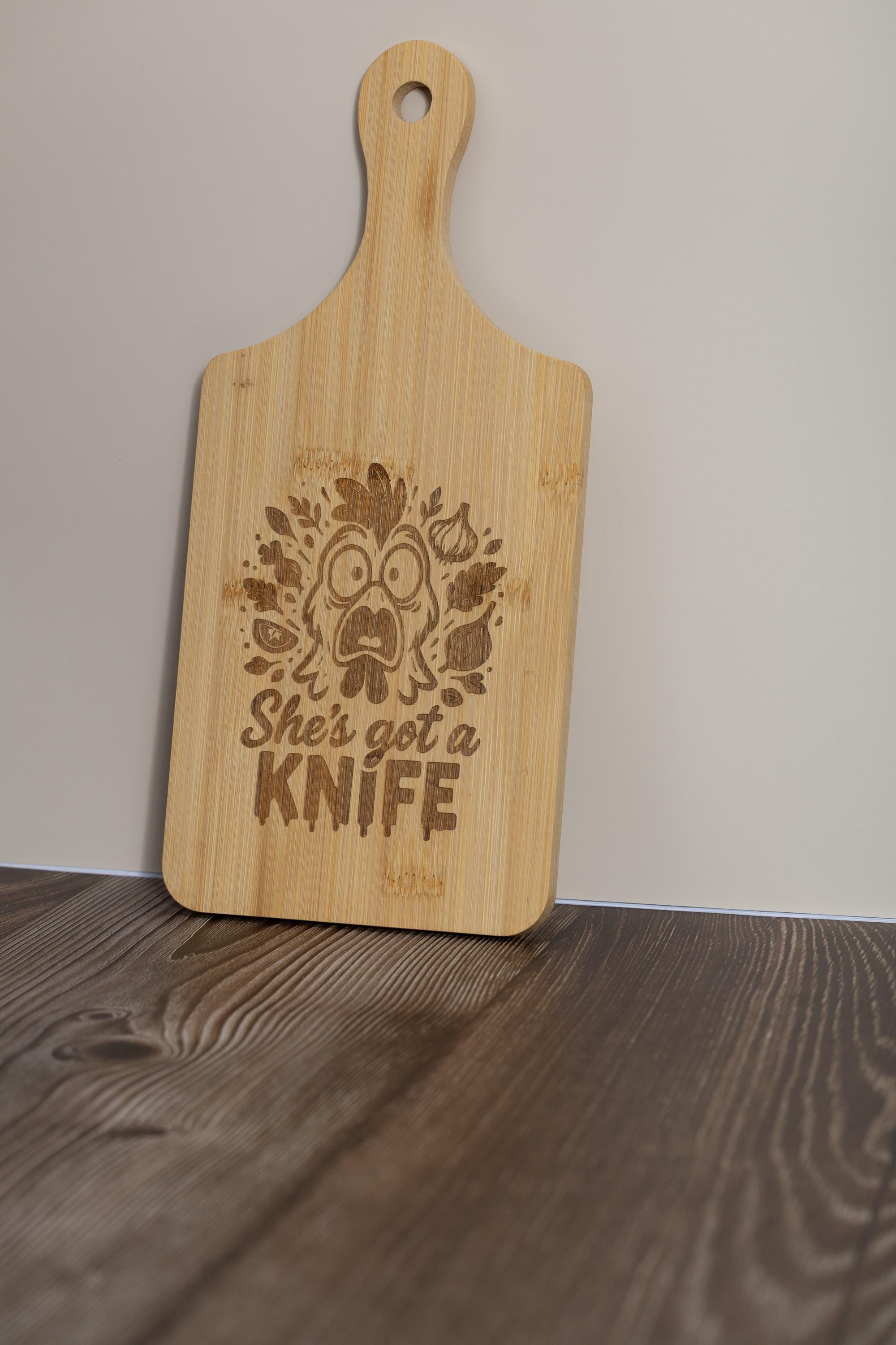Bamboo Cutting Board – Funny 'She’s Got a Knife' Engraved, Eco Friendly Board 5x11