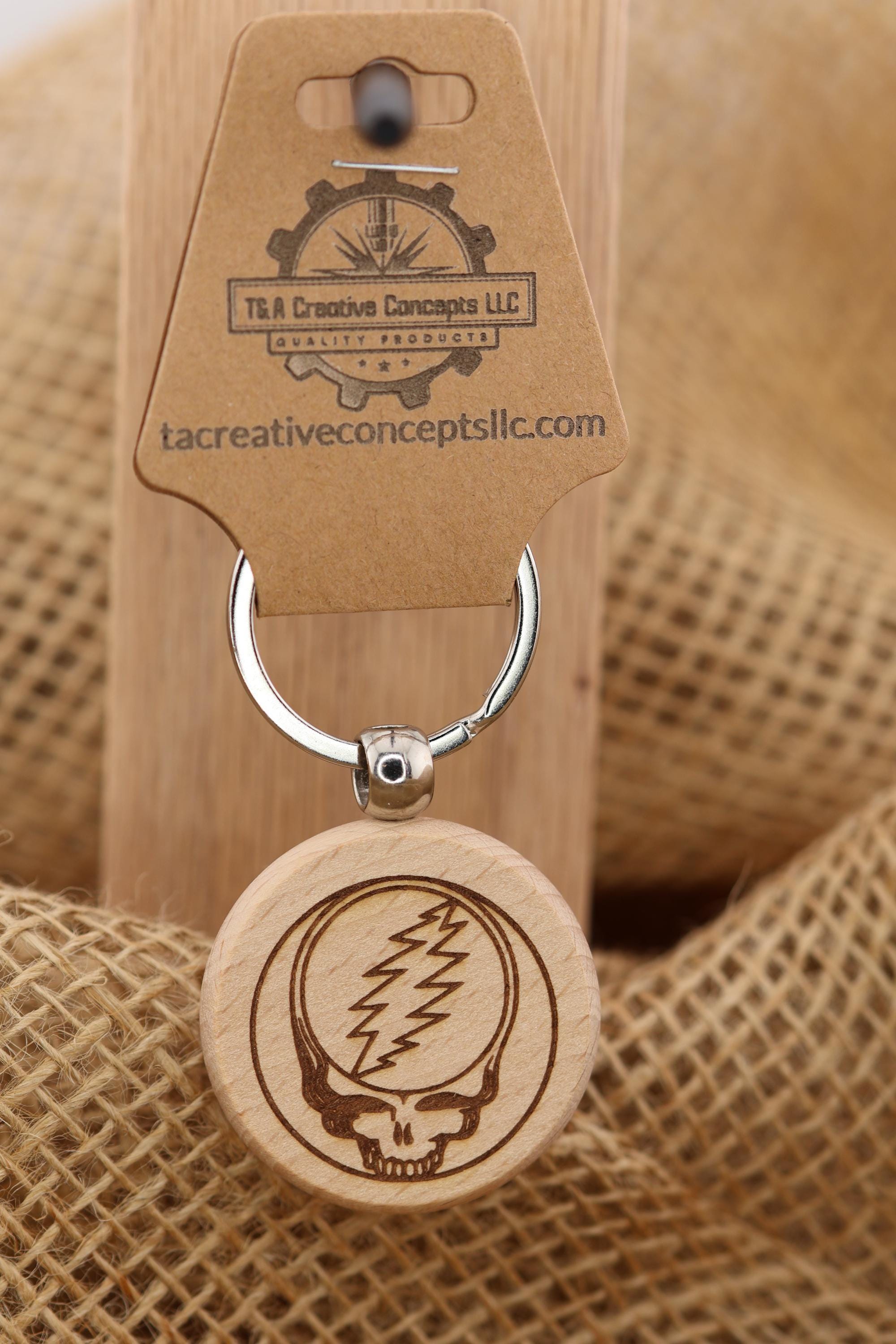 Deadhead Wood Keychain – Double Sided Laser Engraved Steal Your Face Logo Charm