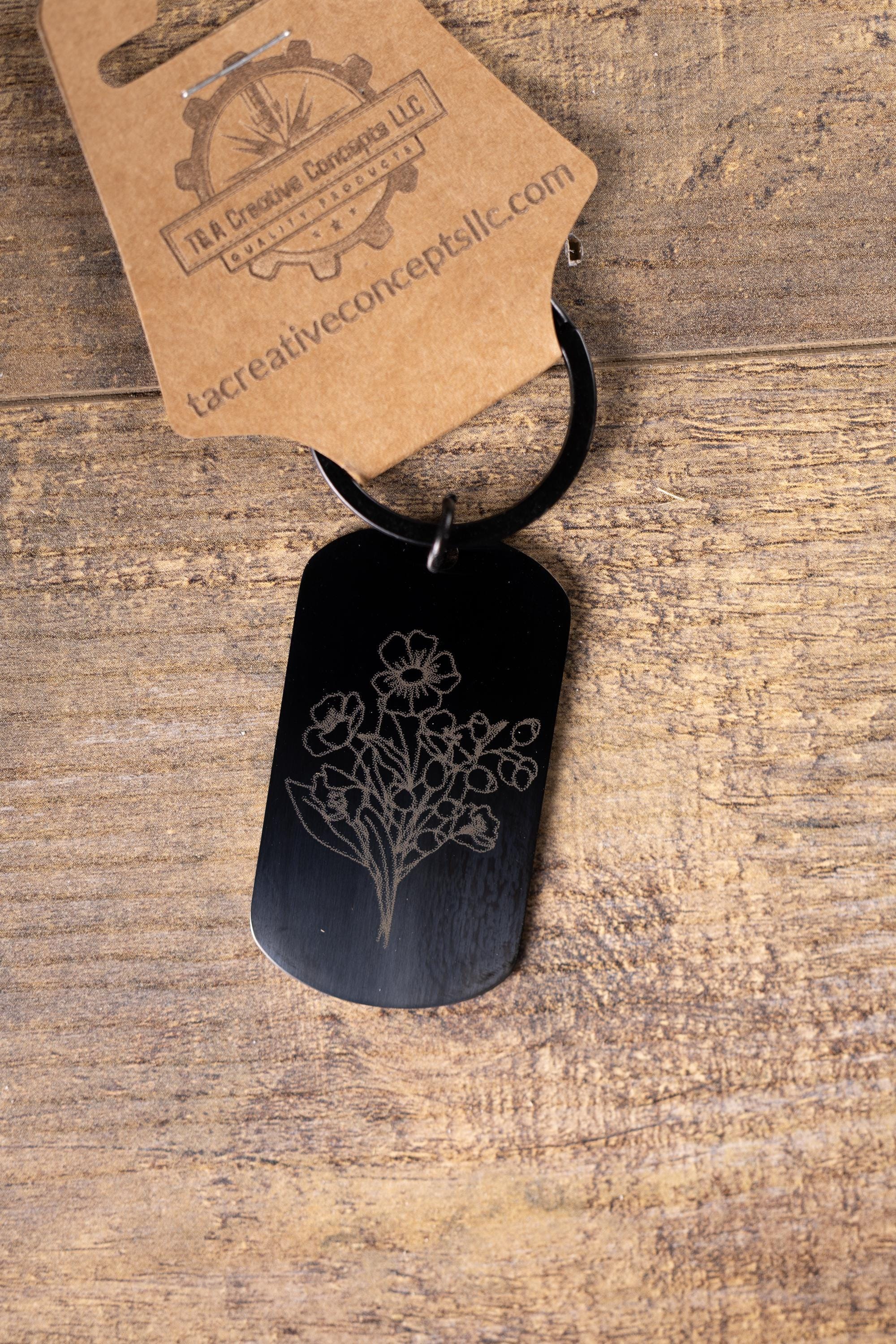 Black Stainless Steel Keychain – Floral Engraved Design | Fade Resistant, Matte Finish
